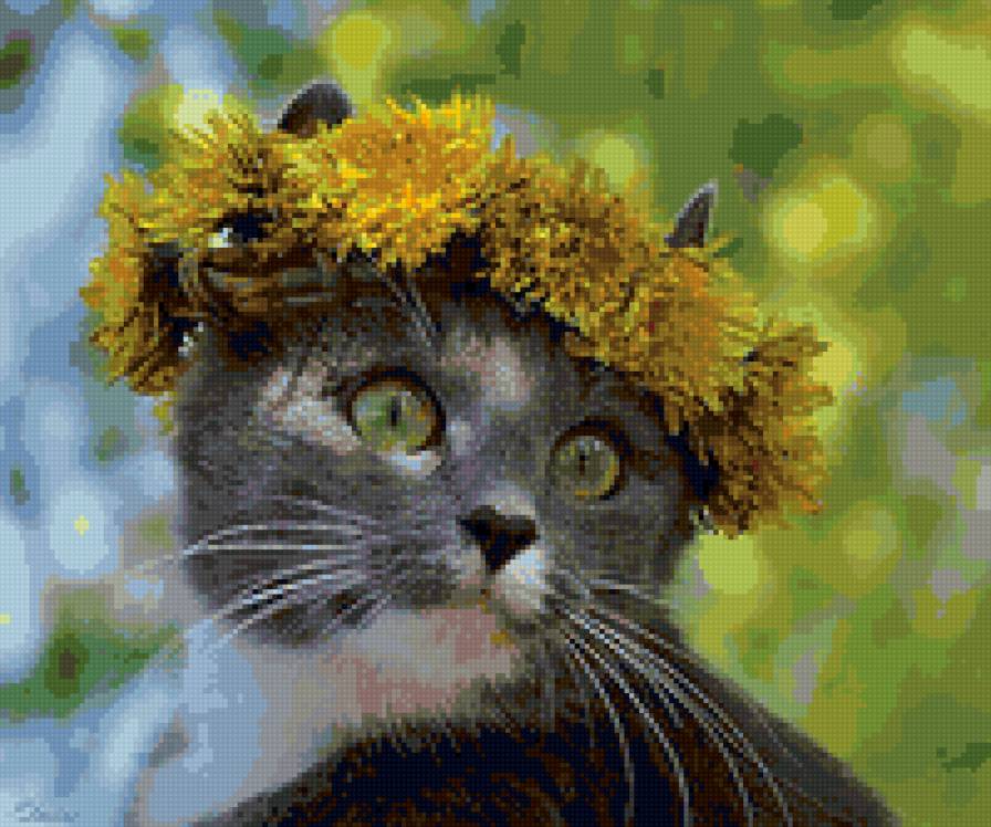 Киса - венок, цветы, кошки, животные - предпросмотр