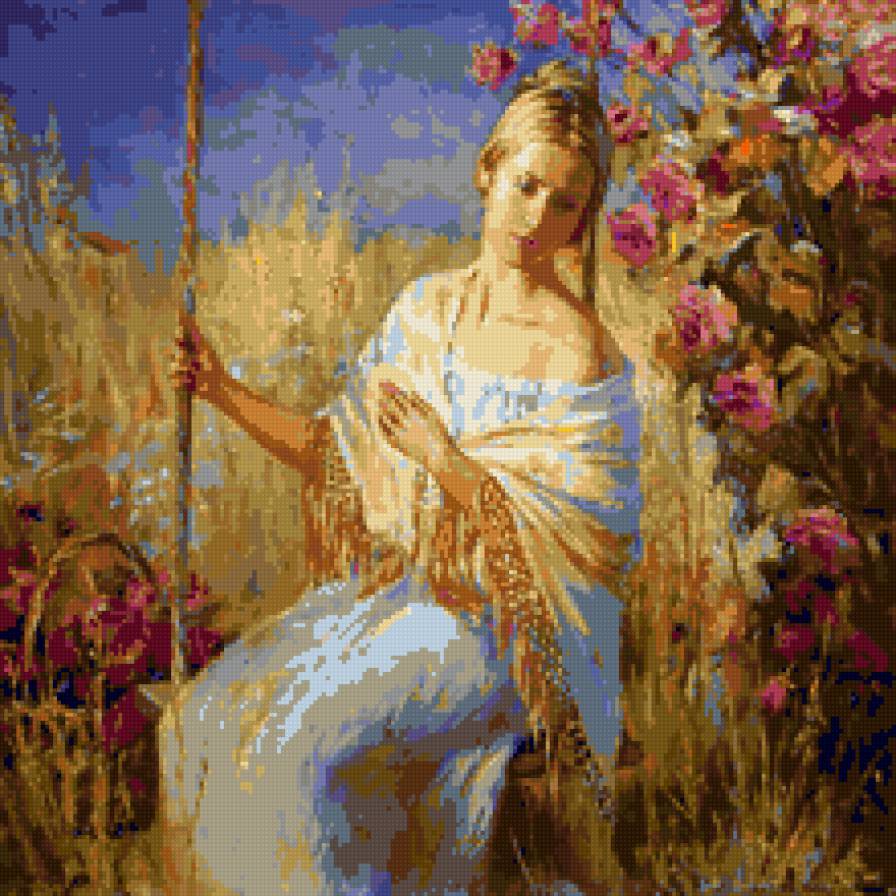 На качелях. - поле, качели, девушка, лето, желтый, розы - предпросмотр