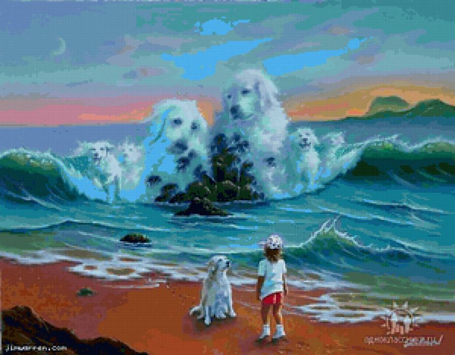 Мальчик и собака - пейзаж, животные, волны, живопись, мальчик - предпросмотр