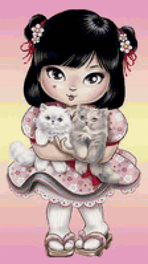 девочка и котята - предпросмотр