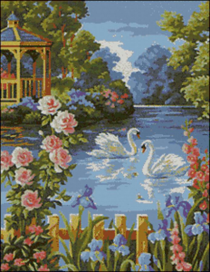 картина - пейзаж, лебеди, природа, беседка - предпросмотр