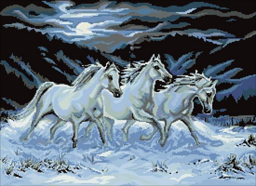 лошади - картина, кони, тройка, ночь, лошадь, животные - оригинал