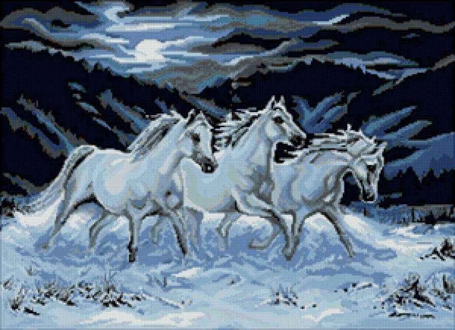 лошади - тройка, лошадь, животные, кони, ночь, картина - предпросмотр