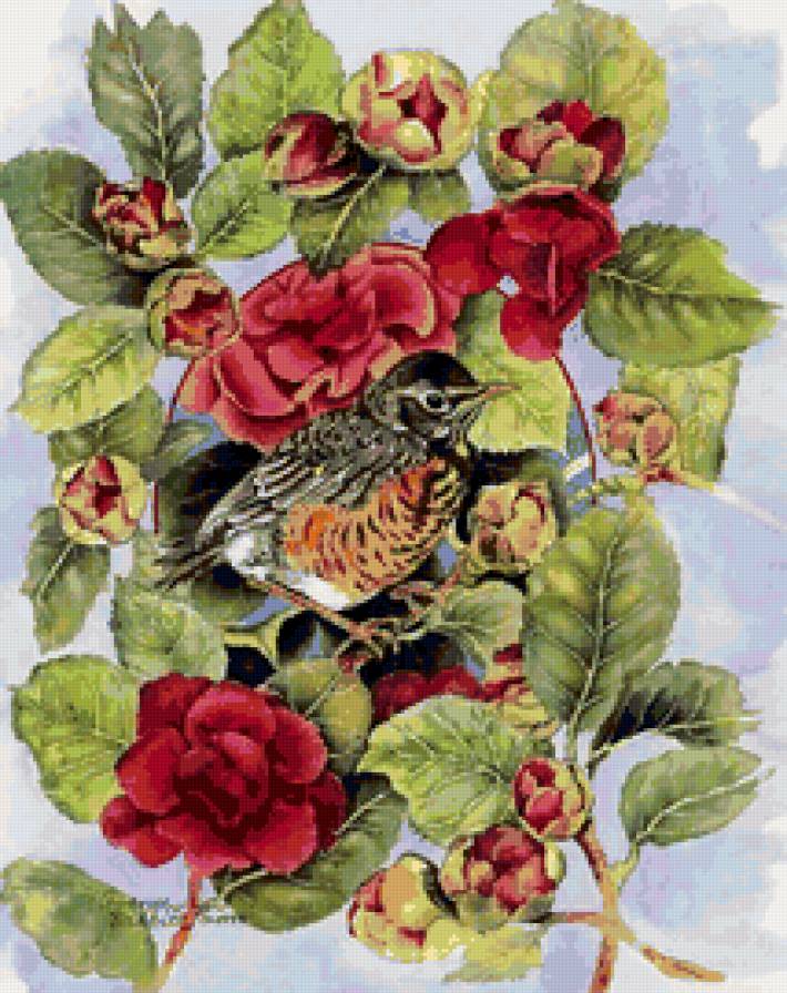 птица в цветах - предпросмотр