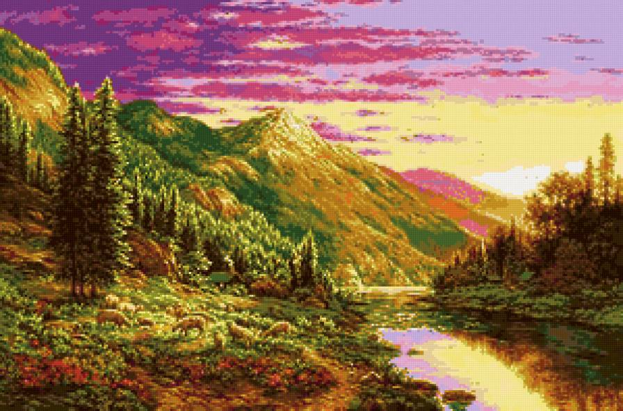 природа - пейзаж, горы, картина, лес - предпросмотр