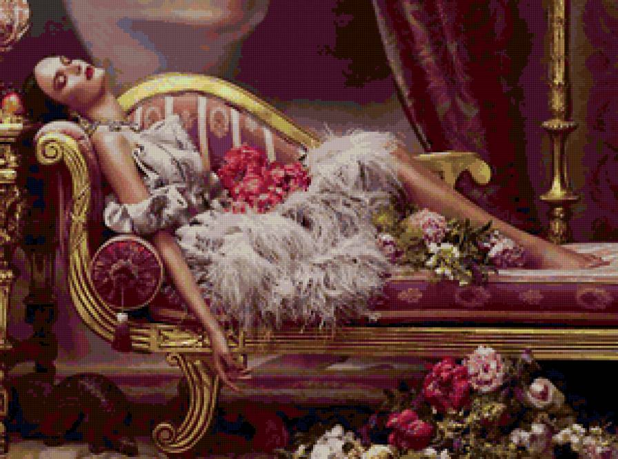 девушка - девушки, цветы, картина, борокко, образ, сон, женщина, женственность - предпросмотр