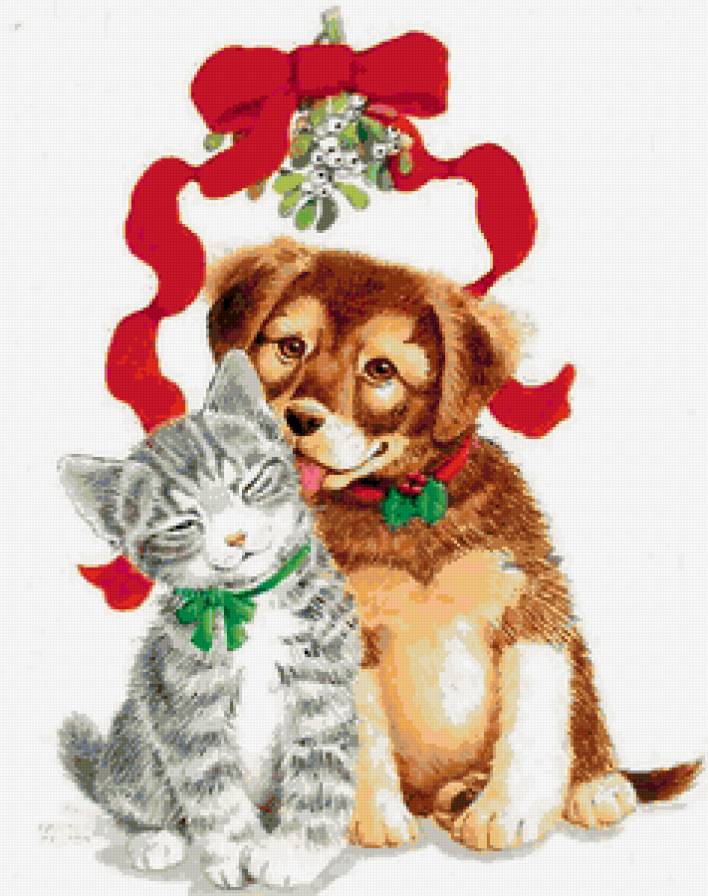 песик и котик - кот, новый год, животные, собака, щенок, кошки, собаки, поцелуй, котенок - предпросмотр