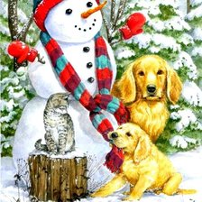 Схема вышивки «собачки,котик и снеговик»