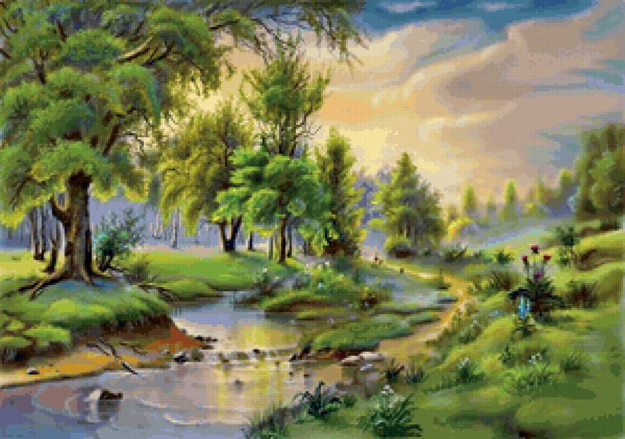 рассвет - природа, картина, лес, ручей - предпросмотр