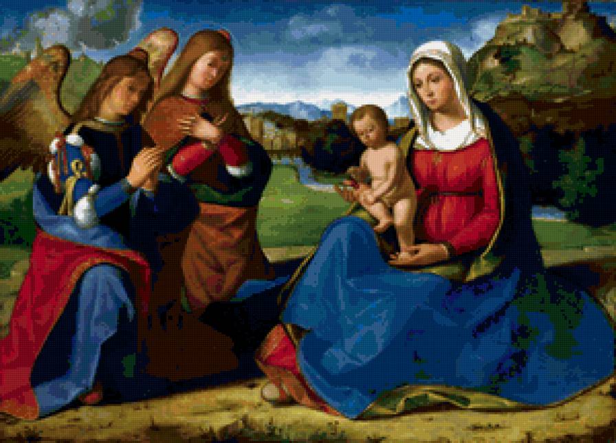 The Virgin and Child adored by Two Angels - живопись, святая, картина, религия, портрет - предпросмотр