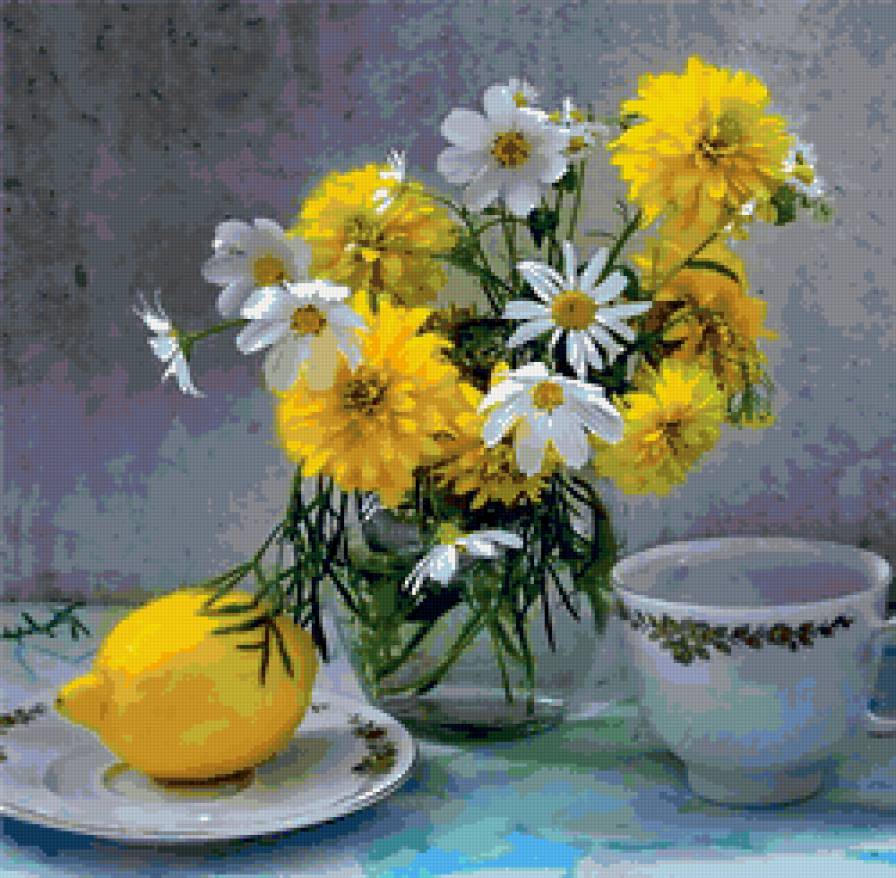 натюрморт - лимон, натюрморт, цветы - предпросмотр