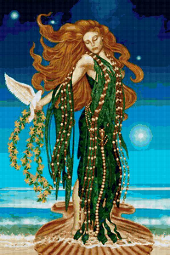 девушка - картина, море, женщина, ракушка, люди, образ, голубь - предпросмотр