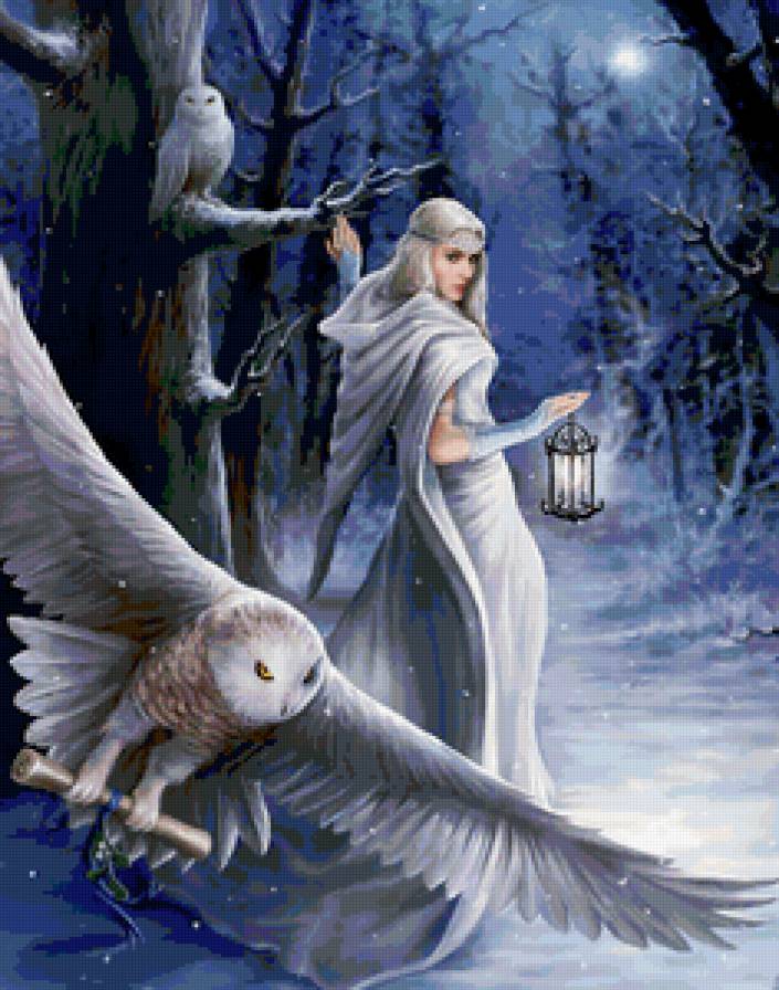 №121752 - деревья, снег, девушка, люди, птицы, природа - предпросмотр