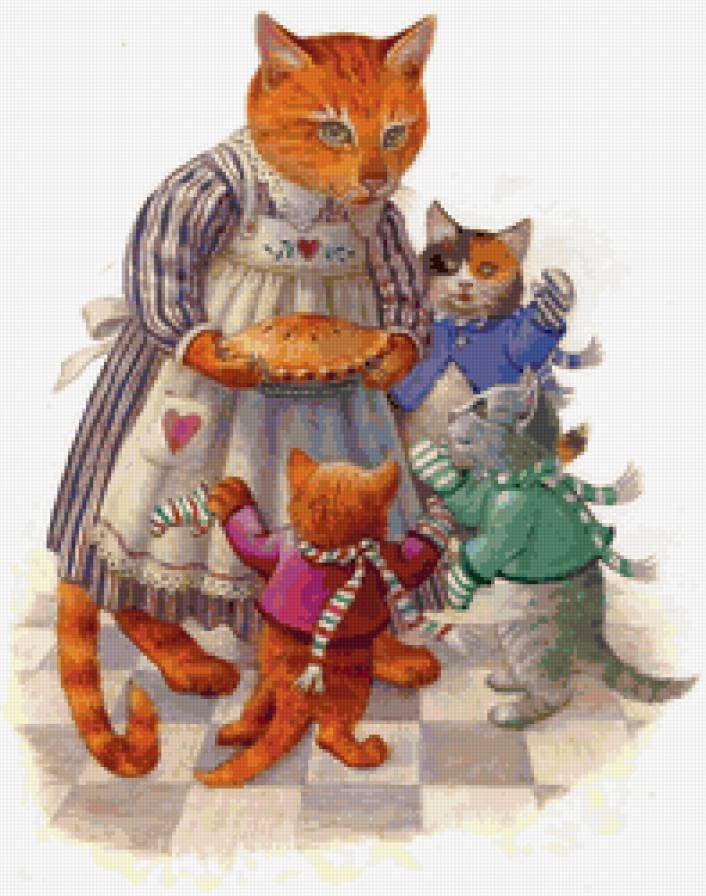 Кошка с котятами - живопись, коты, животные - предпросмотр