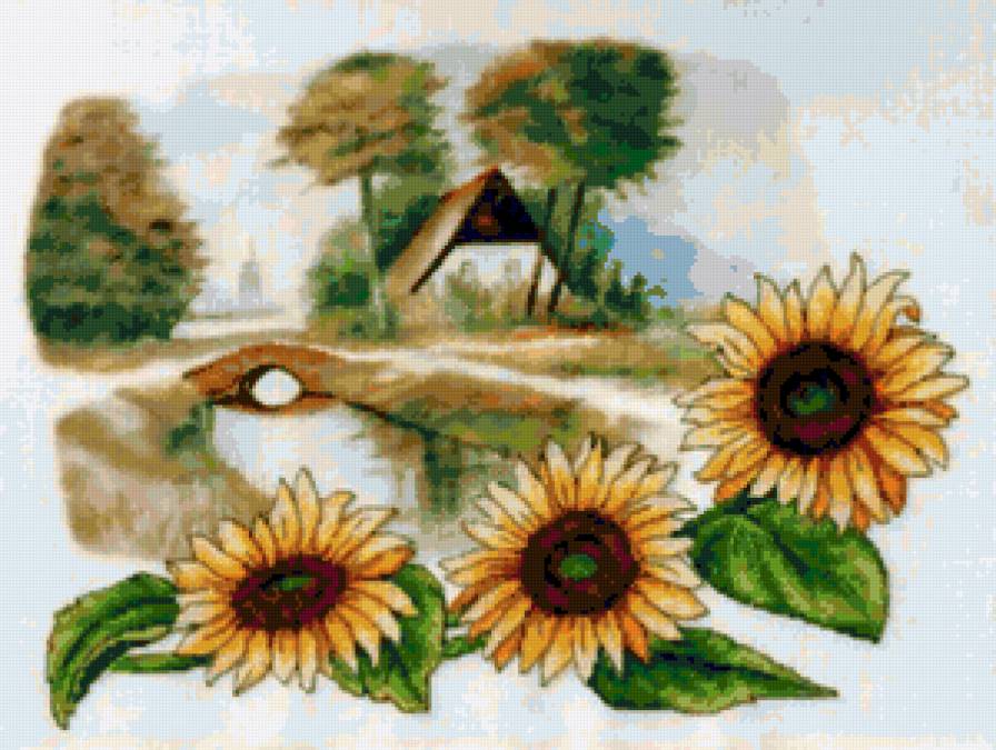 Подсолнуховый пейзаж - цветы, домики, городок, природа, пейзаж, подсолнухи - предпросмотр