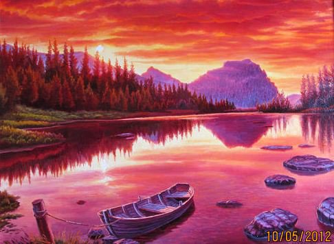 На реке - мир красок, красота, река, закат, природа, лодка, пейзаж - оригинал