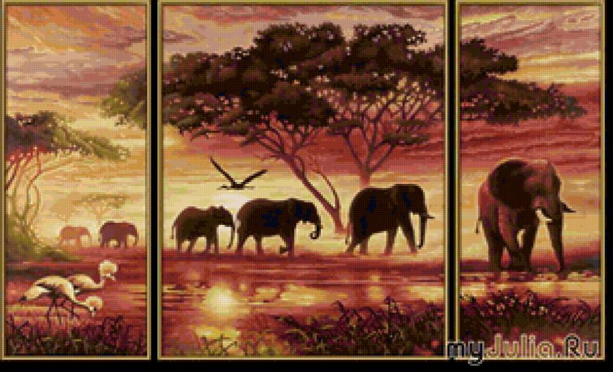 триптих - саванна, слоны, триптих - предпросмотр