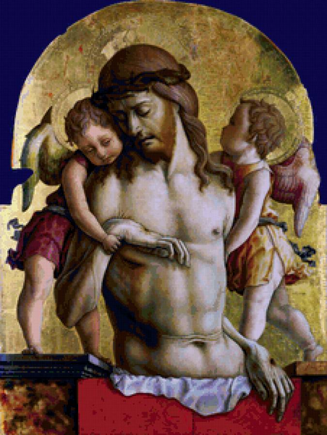 Карло Кривелли - Христос поддерживаемый двумя ангелами - христианство, икона, религия, живопись, мужчина - предпросмотр