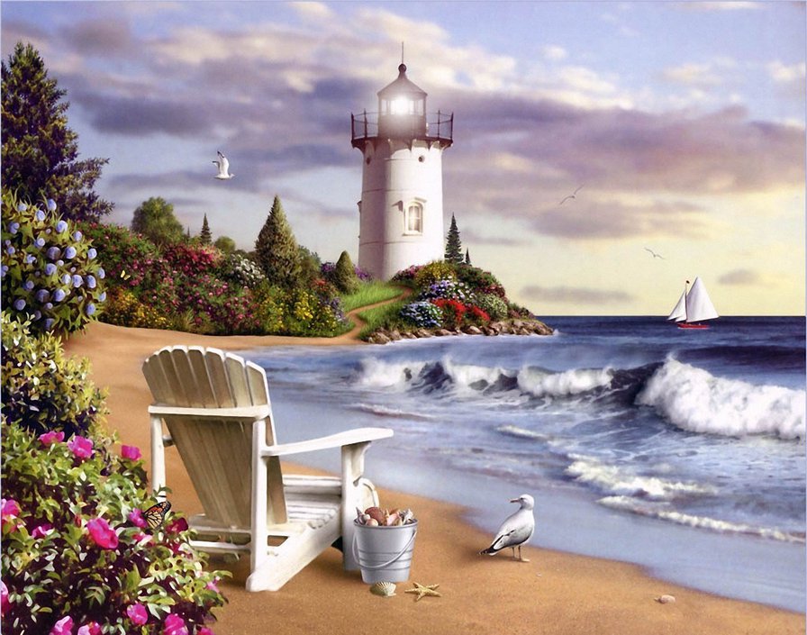 Маяк - маяк, берег, море, чайки, пейзаж, цветы - оригинал