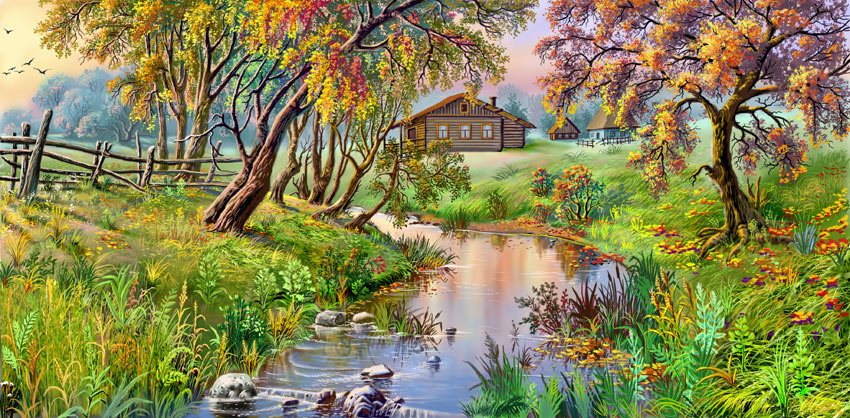 Домик у ручья - природа, картина, ручей, лес, домик - оригинал