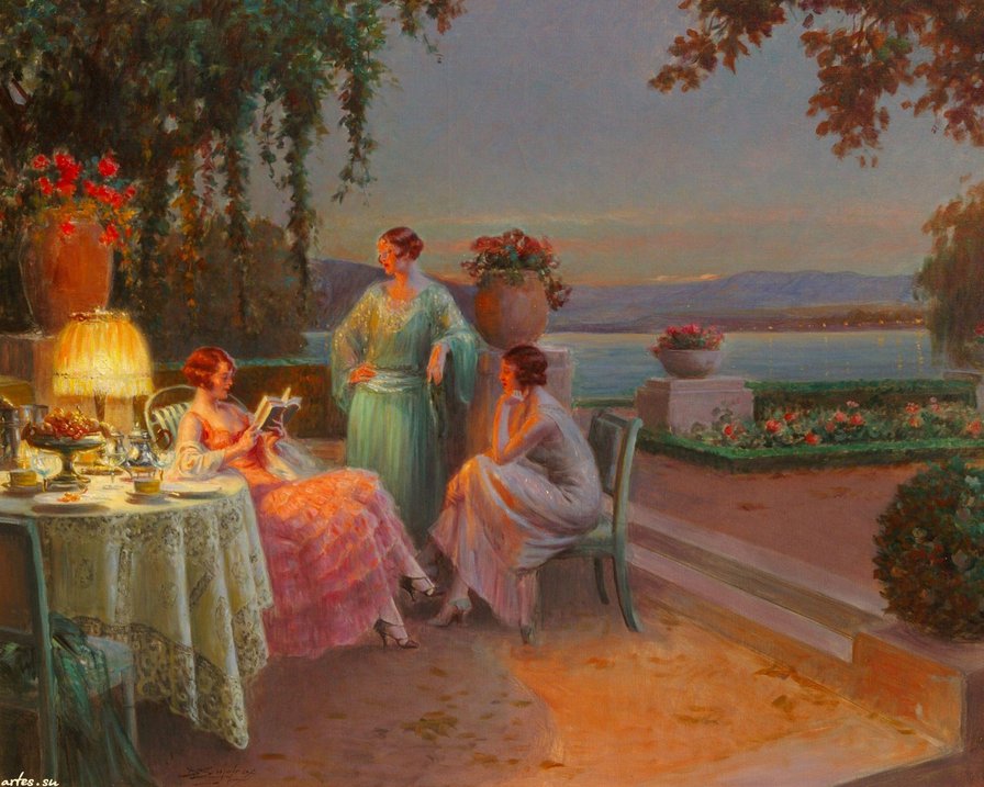 Вечерний чай на берегу - вечер, закат, картина, берег, побережье, чай, живопись, девушки - оригинал