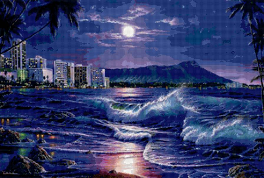 Лунная ночь - луна, берег, море, блики, город, ночь - предпросмотр