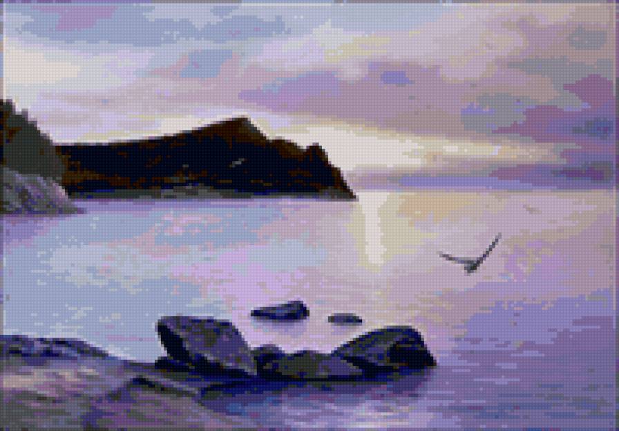 Байкальский пейзаж (худ. Белых) - живопись, природа, пейзаж, озеро, птица, восход - предпросмотр