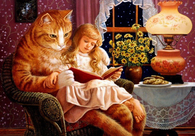 Сказки - цветы, живопись, кот, животные, дети - оригинал