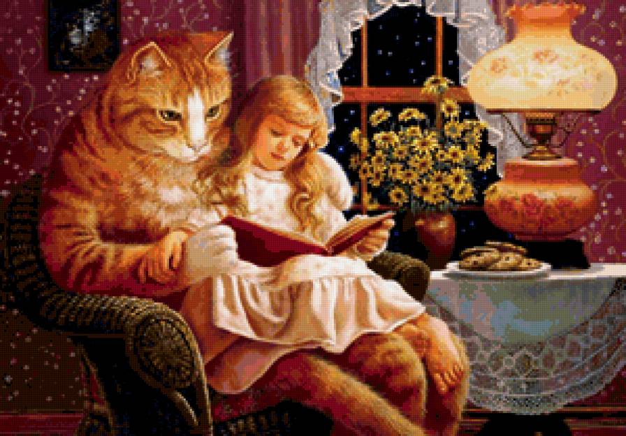 Сказки - живопись, кот, животные, цветы, дети - предпросмотр