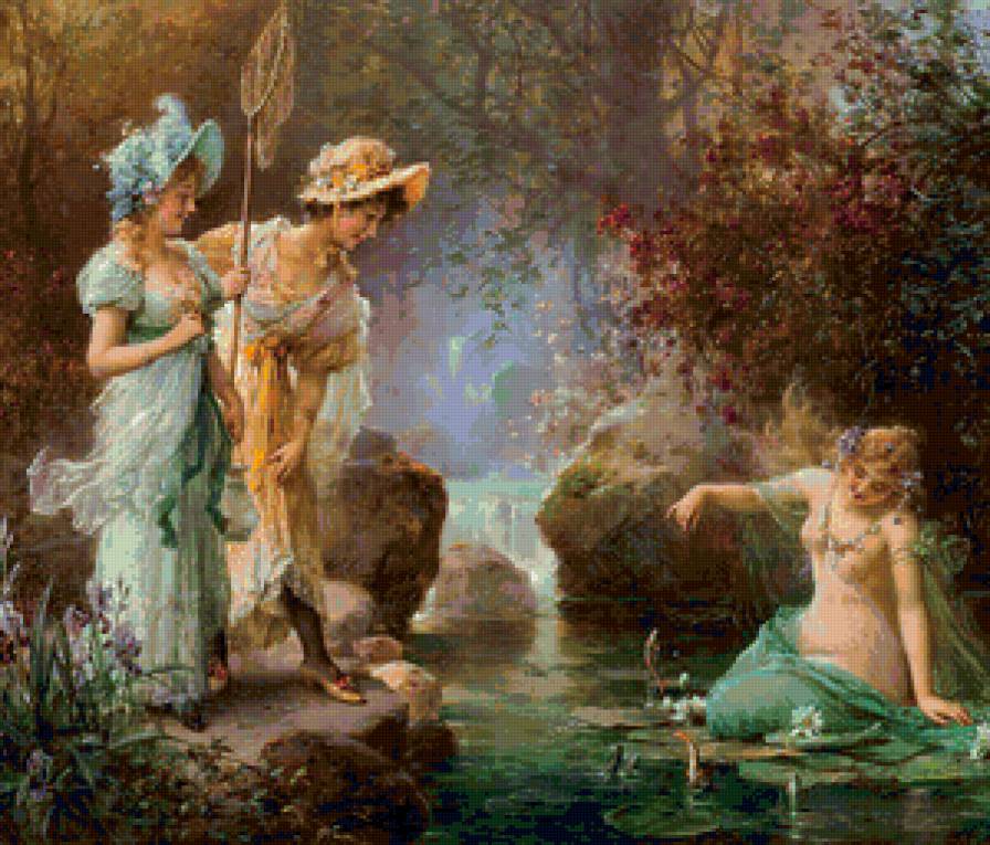 живопись - пейзаж, озеро, красота, девушка, живопись, картина - предпросмотр