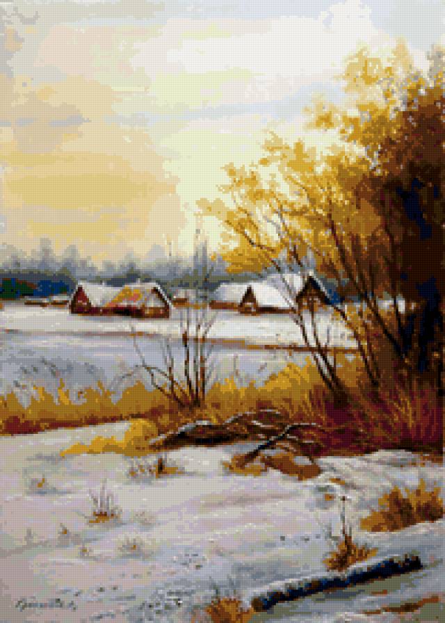 Весна-лиса (худ. Грохотова) - снег, весна, живопись, пейзаж, природа, дома. деревня. поле - предпросмотр