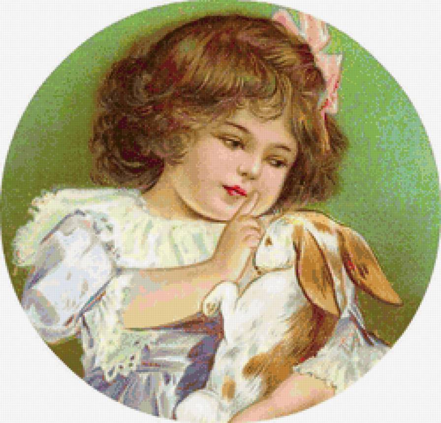 Девочка и кролик - дети, животные, живопись - предпросмотр