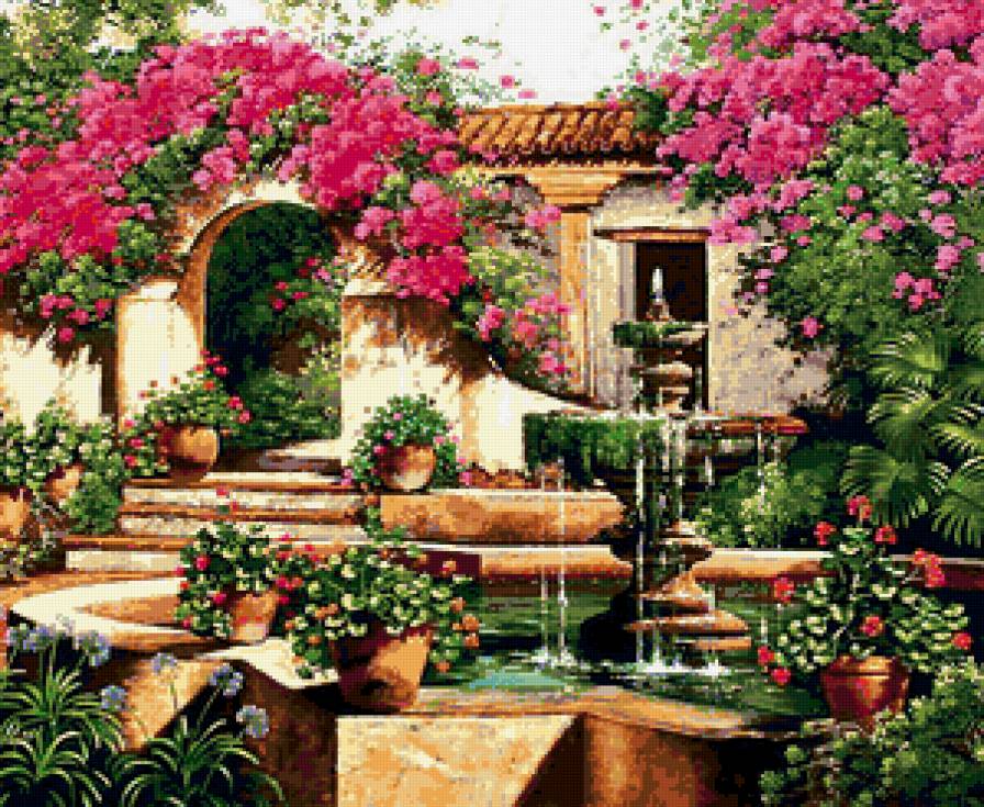 Цветы у фонтана - фонтан, цветы - предпросмотр