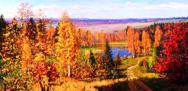 Осенние поля (худ. Л.Бродская) - пейзаж, природа, живопись, река, лес, осень, поле - оригинал