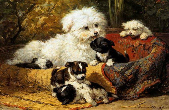 Семейство в корзинке - животные, собаки, щенки, пейзаж - оригинал