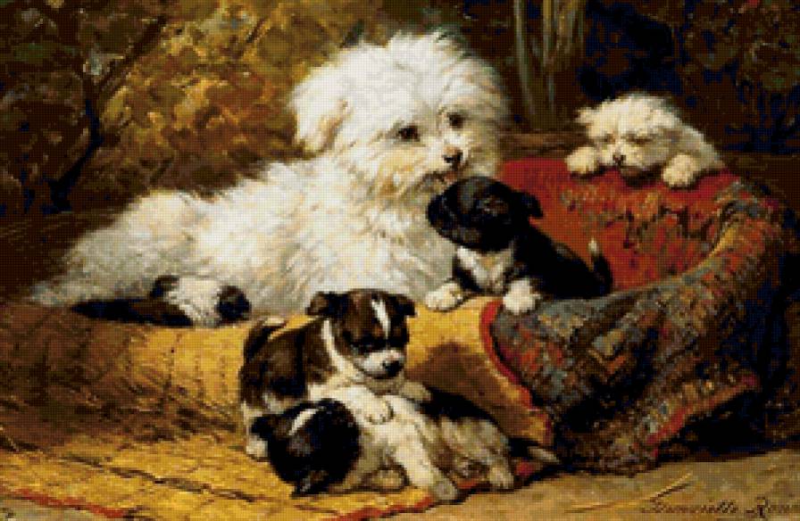 Семейство в корзинке - собаки, пейзаж, животные, щенки - предпросмотр