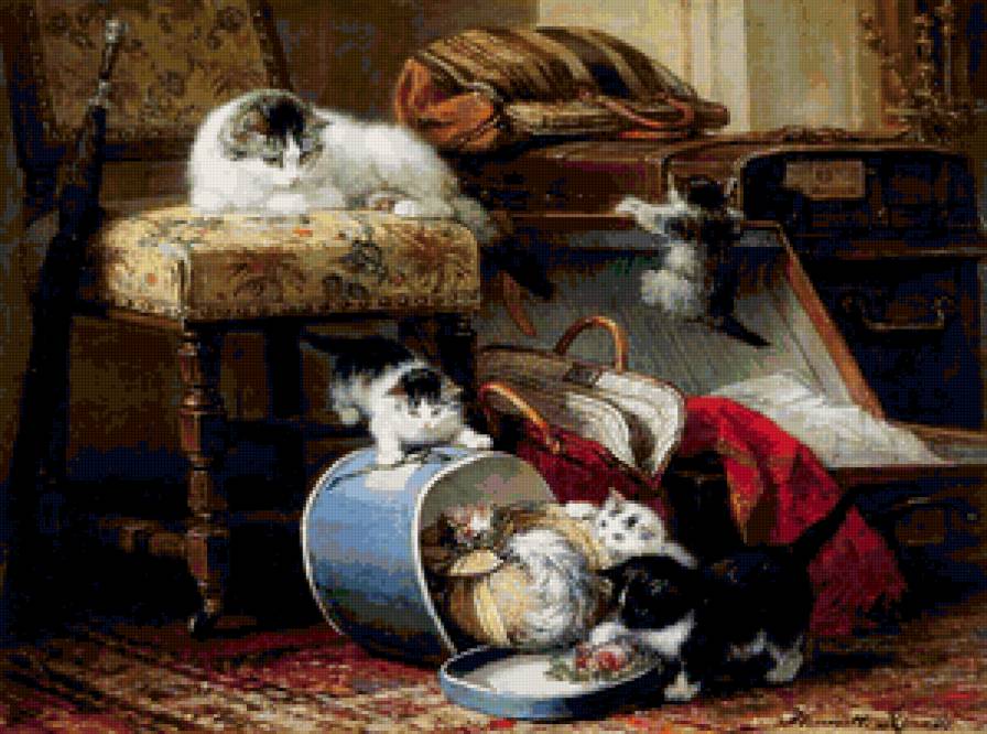 Котята и шляпка - картина, животные, котята - предпросмотр