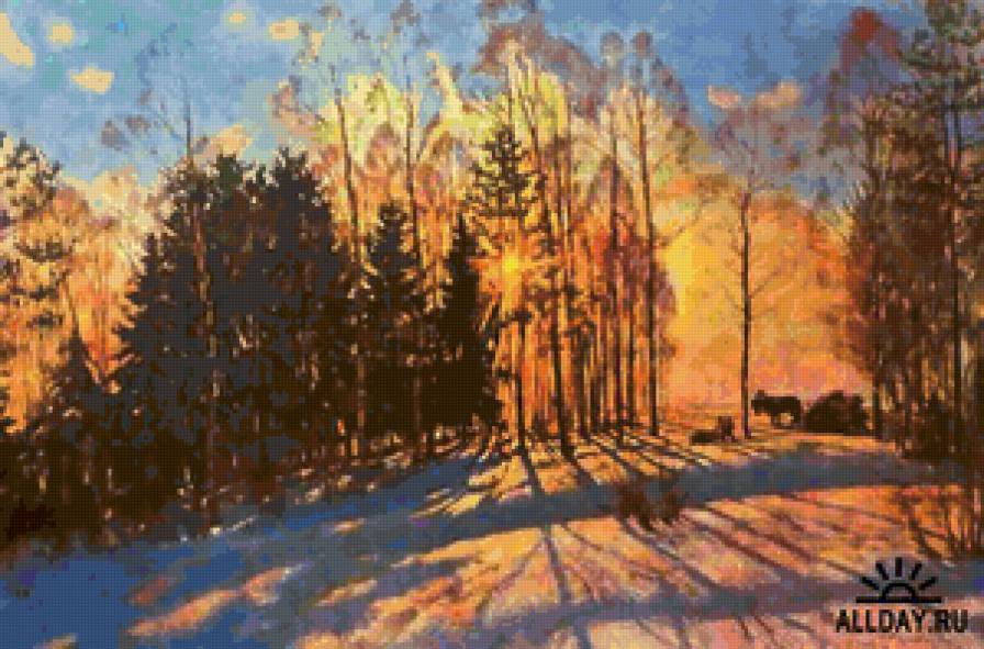 зима - деревня, пейзаж, картина - предпросмотр