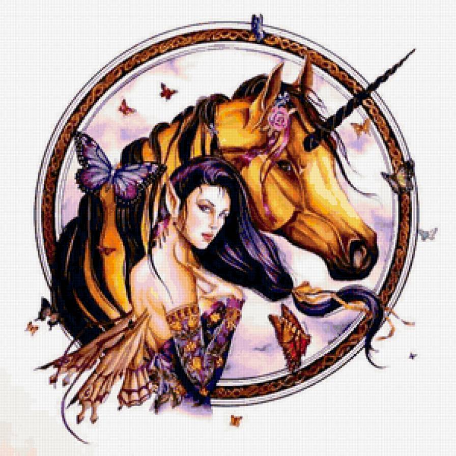 Фея - девушка, миф, фэнтези, лошади, природа, фея, единорог - предпросмотр