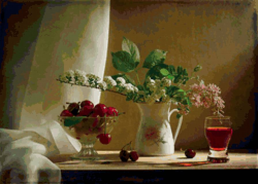 натюрморт - натюрморт, ягоды, вишни, цветы - предпросмотр
