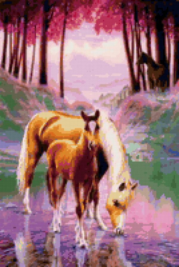 0038 - жеребенок, лес, красота, кони, картина, лошадь, река, животные - предпросмотр