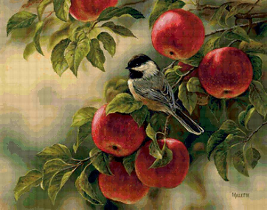 В саду - птицы, пейзаж, живопись, яблоки - предпросмотр