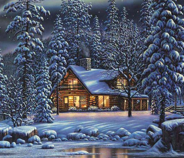 Дом у реки - зима, пейзаж, лес, природа, снег, река, домик - оригинал