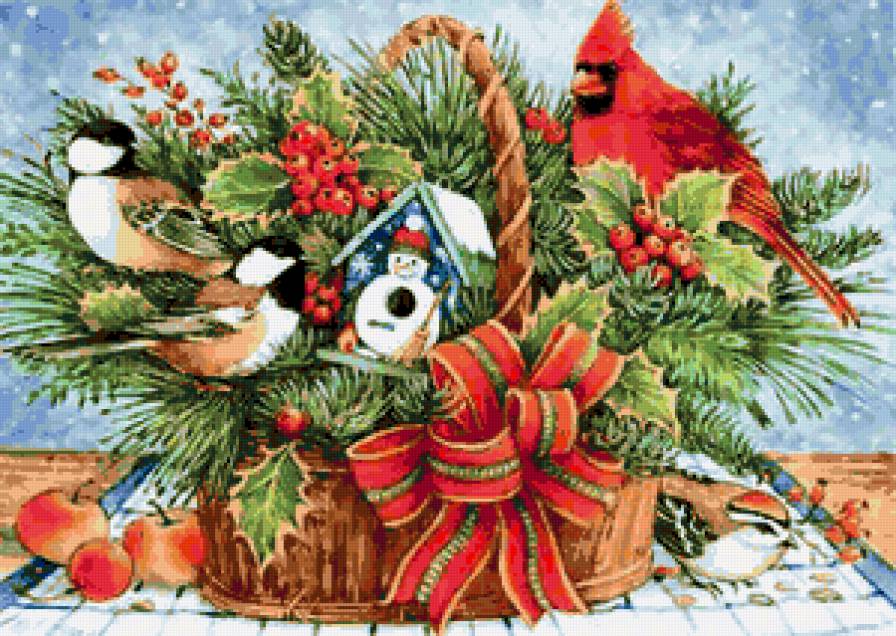 Рождественская - птица, рождество, подарки, птицы, кардинал, зима, синички - предпросмотр