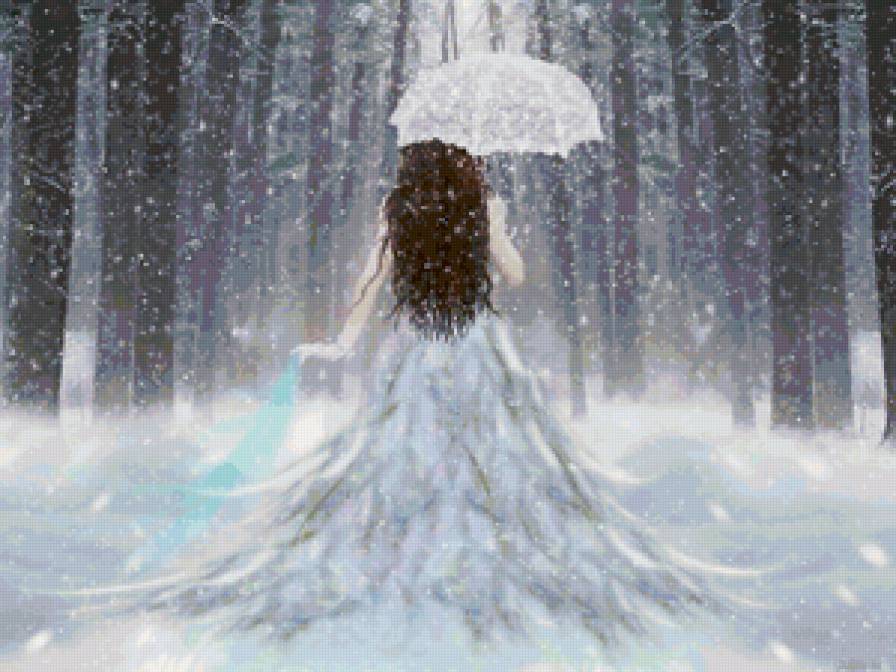 №128373 - снег, зонтик, девушка - предпросмотр