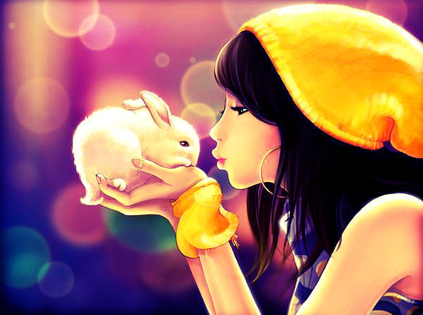 Девушка и кролик - восток, девушка, аниме, япония, кролик - оригинал