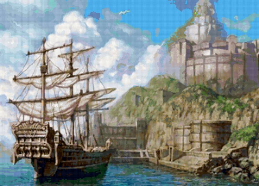 Корабль у берега - море, корабль, морской пейзаж, берег, пейзаж - предпросмотр