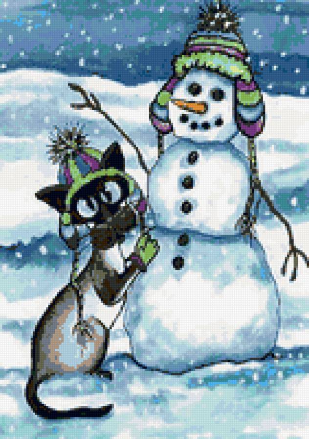 Кот и снеговик - кот, снеговик - предпросмотр