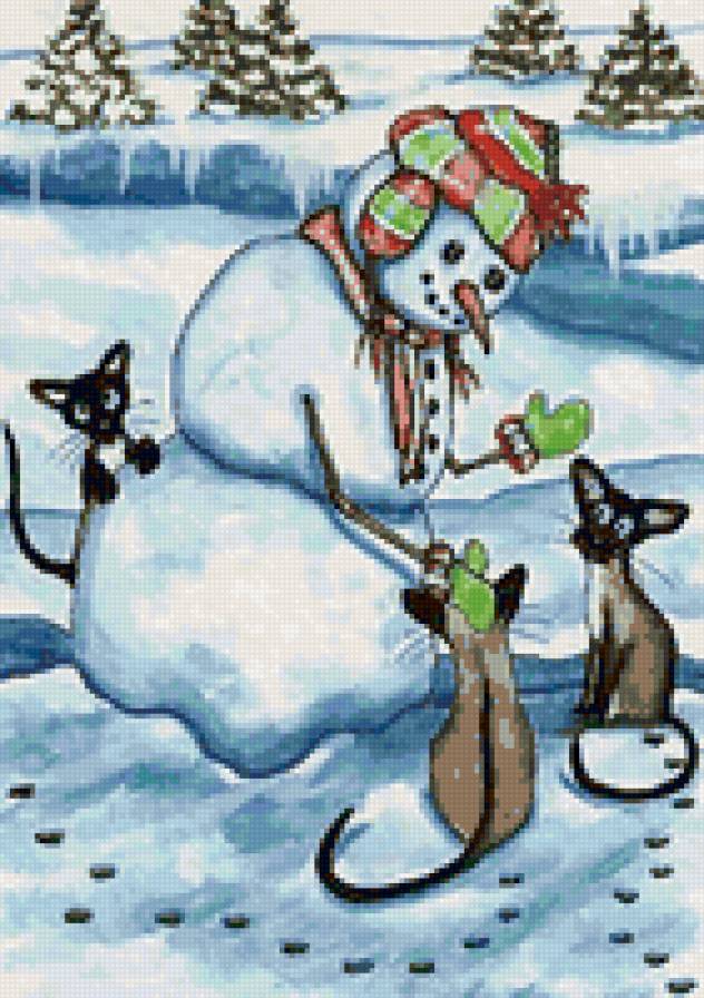 Снеговик с котами - коты, снеговик - предпросмотр