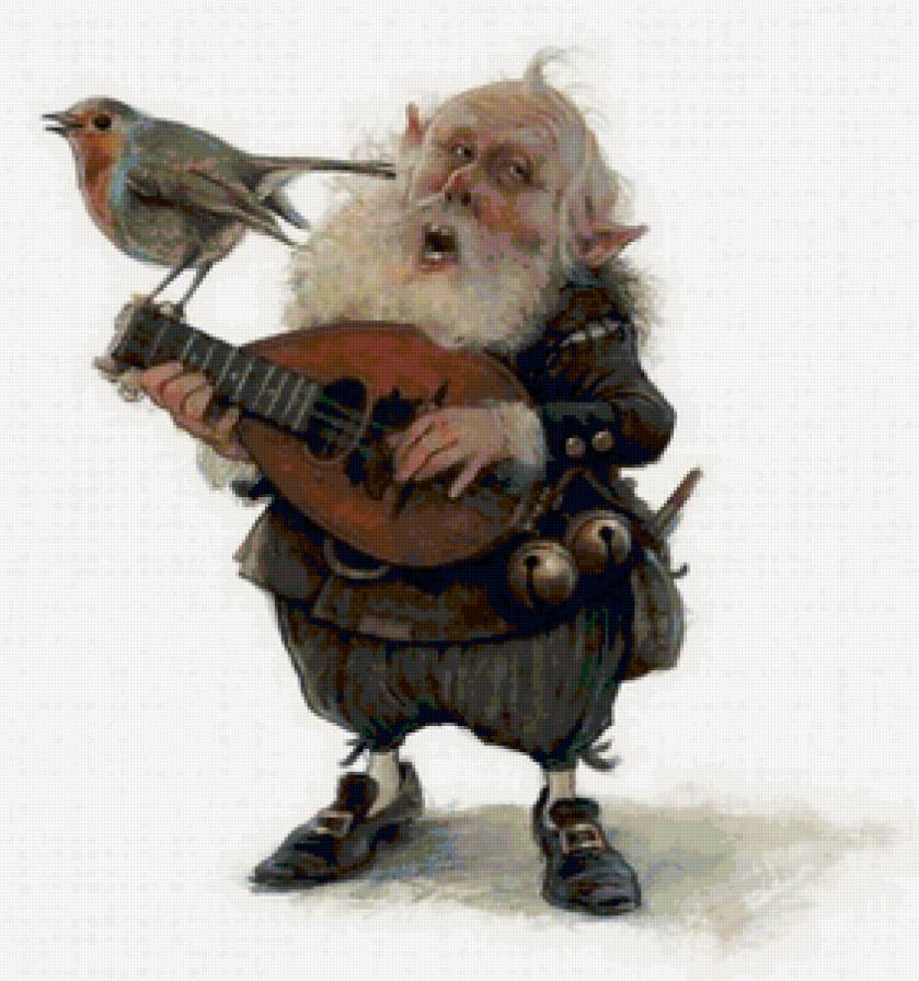 Поющий гномик с птичкой - сказка, гном, фентази, музыкант - предпросмотр